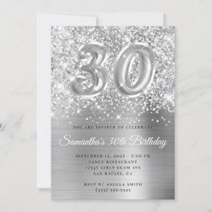 Convites Brilho Prateado Glam Número Aniversário de 30 anos