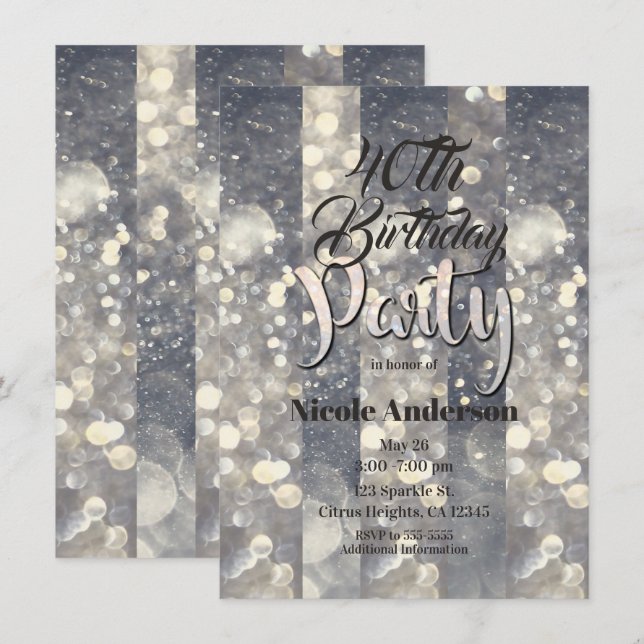 Convites Brilho Prateado Glitter Glamour Glam Festa Moderna (Frente/Verso)