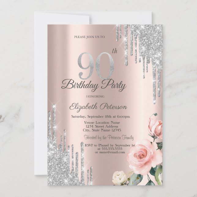 Convites Brilho Prateado Gotas Rosas Dourado Rosa 90º (Frente)