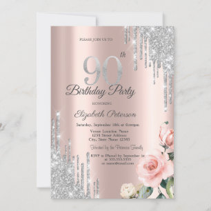 Convites Brilho Prateado Gotas Rosas Dourado Rosa 90º