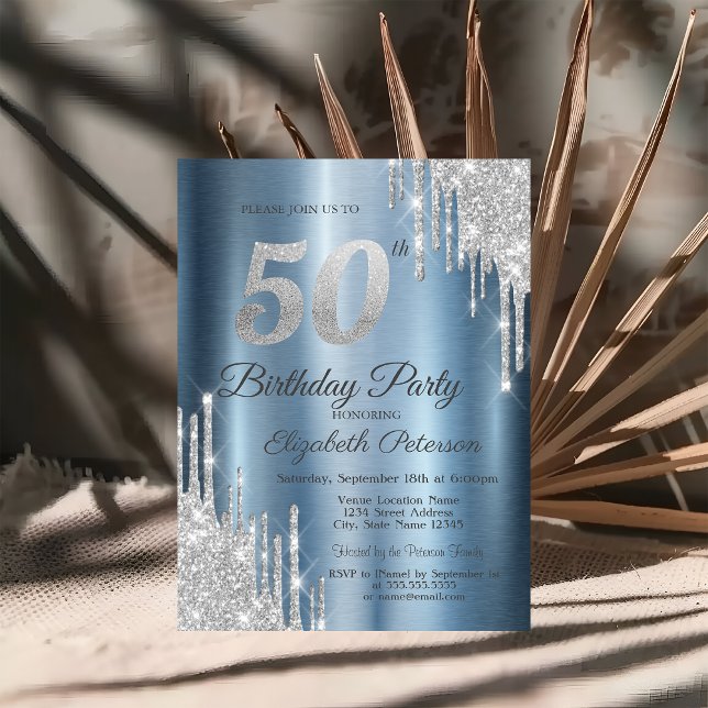 Convites Brilho Prateado Gotejante Azul Metálico 50º Aniver (Criador carregado)