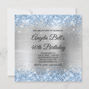 Convites Brilho Prateado Ligeiramente Azul Glitter Monogram