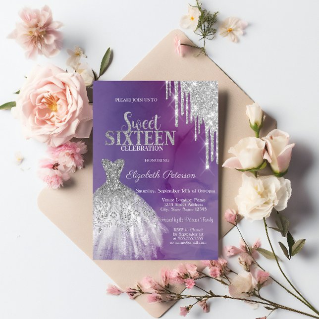 Convites Brilho Prateado Moderno, Vestido Violeta Sweet 16 (Criador carregado)