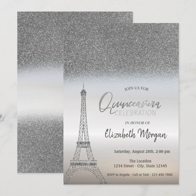 Convites Brilho Prateado Ombre, Eiffel Tower Quinceanera (Frente/Verso)