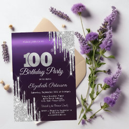 Convites Brilho Prateado Pingando Roxo Escuro Aniversário d