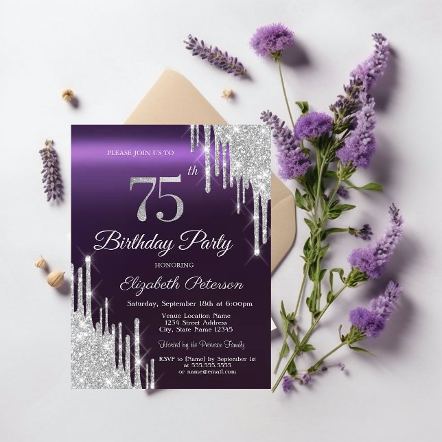 Convites Brilho Prateado Pingando Roxo Escuro Aniversário d (Criador carregado)