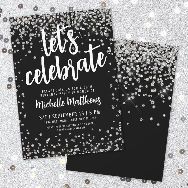 Convites Brilho Prateado Preto Aniversário de Qualquer Idad (Black Silver Glitter Any Age Birthday Invitation)