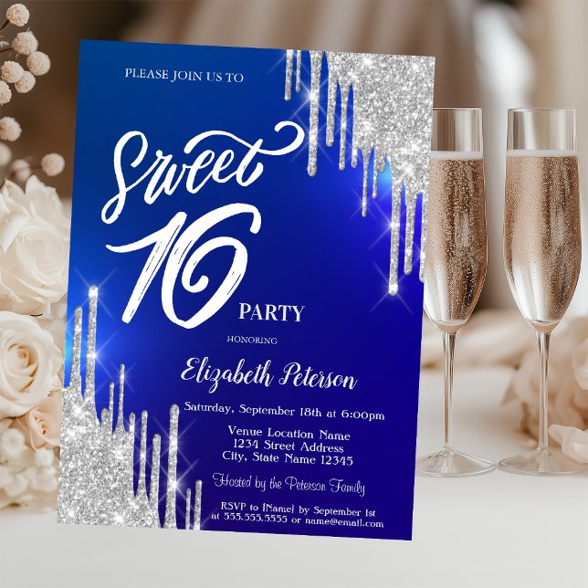 Convites Brilho Prateado Simples Gotejando Azul Sweet 16  (Criador carregado)