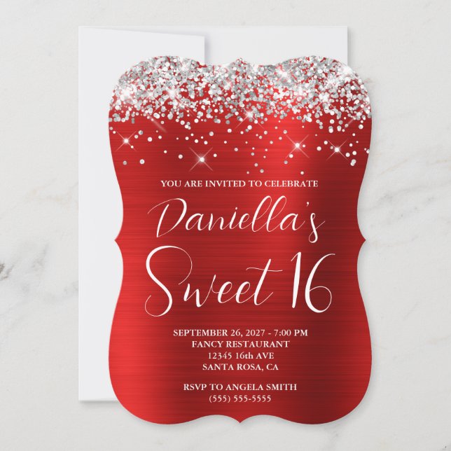 Convites Brilho Prateado Vermelho Glam Sweet 16 (Frente)