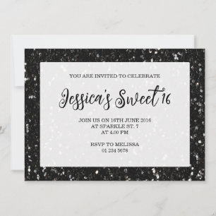 Convites Brilho preto brilha Sweet 16 elegante script