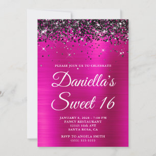 Convites Brilho Preto Brilho Rosa Quente Foil Sweet 16