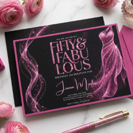 Convites Brilho Preto Rosa 50 & Fabuloso Aniversário Elegan