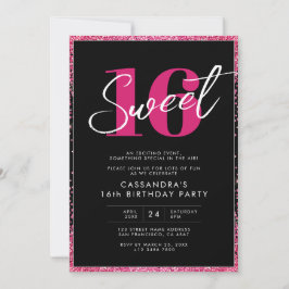 Convites Brilho Preto Rosa Glam Sweet Dezesseis Aniversário