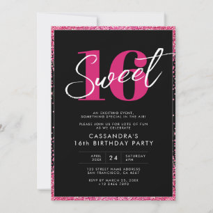 Convites Brilho Preto Rosa Glam Sweet Dezesseis Aniversário