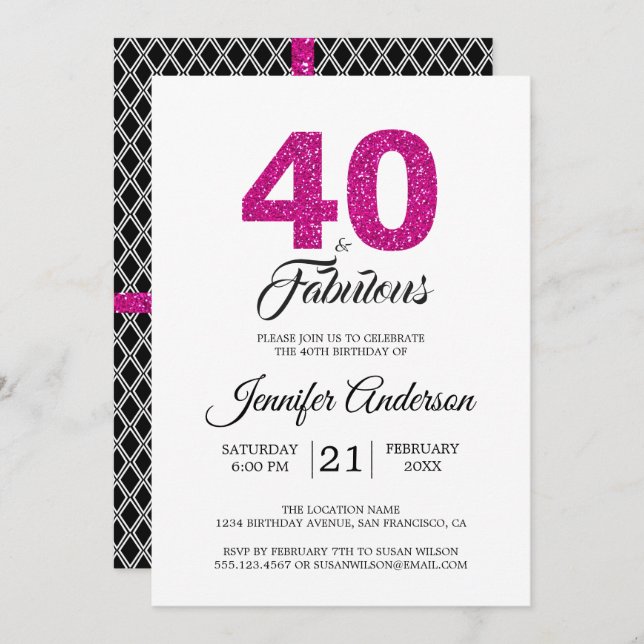 Convites Brilho Rosa 40 e Fabuloso| aniversário de 40 anos (Frente/Verso)