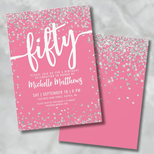 Convites Brilho Rosa Aniversário de 50 anos (Pink Glitter 50th Birthday Invitation)