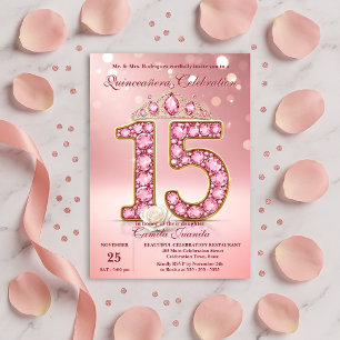 Convites Brilho Rosa Bege 15 Tiara Rosa Quinceañera