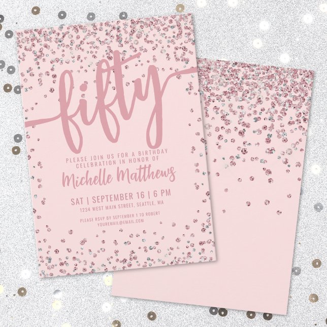 Convites Brilho Rosa Bege Aniversário de 50 anos (Blush Pink Glitter 50th Birthday Invitation)