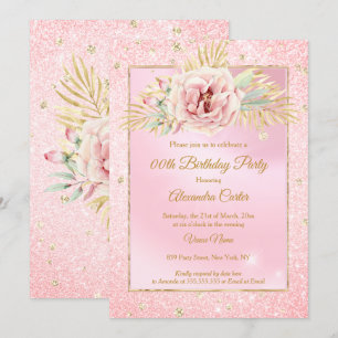 Convites Brilho Rosa Bege Dourado Rosa Floral Festa de Aniv