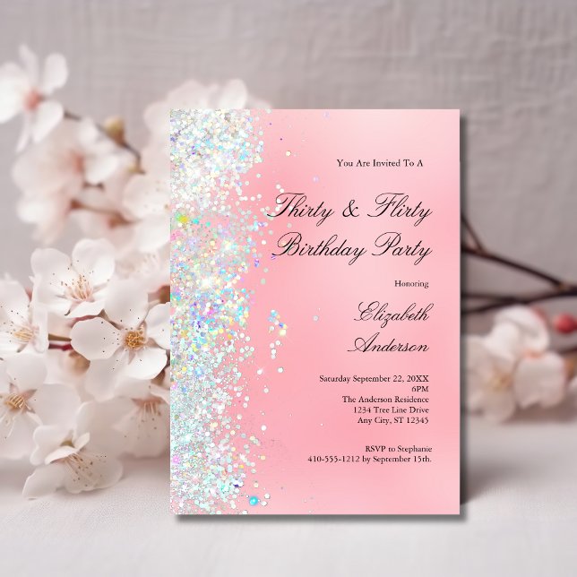 Convites Brilho Rosa Branco Glitter 30º Trinta Aniversário  (Blush Pink and White Glitter 30th Thirty and Flirty Birthday Party invitation)