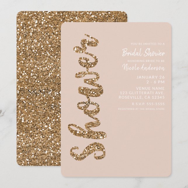 Convites Brilho Rosa Dourado Blush Glam Chá de Noiva (Frente/Verso)