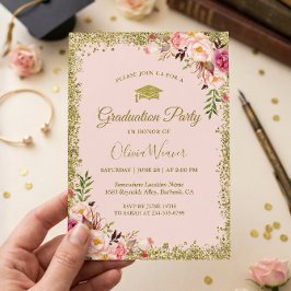 Convites Brilho Rosa Dourado Flores Glitters Foto Graduação