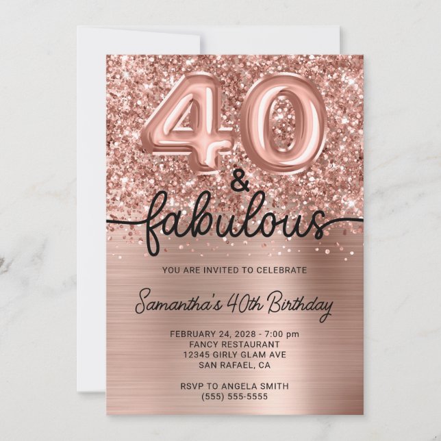 Convites Brilho Rosa Dourado Glam 40 e Fabuloso (Frente)