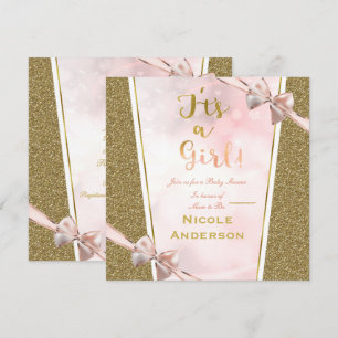 Convites Brilho Rosa Dourado Glam É uma Menina Arco Chuveir