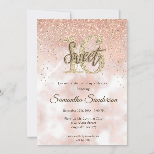 Convites Brilho Rosa Dourado Glitter Sparkle Doce 16 (Frente)