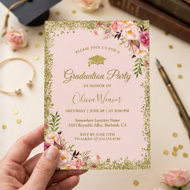 Convites Brilho Rosa Dourado Glitters Floral Foto Graduação (Criador carregado)