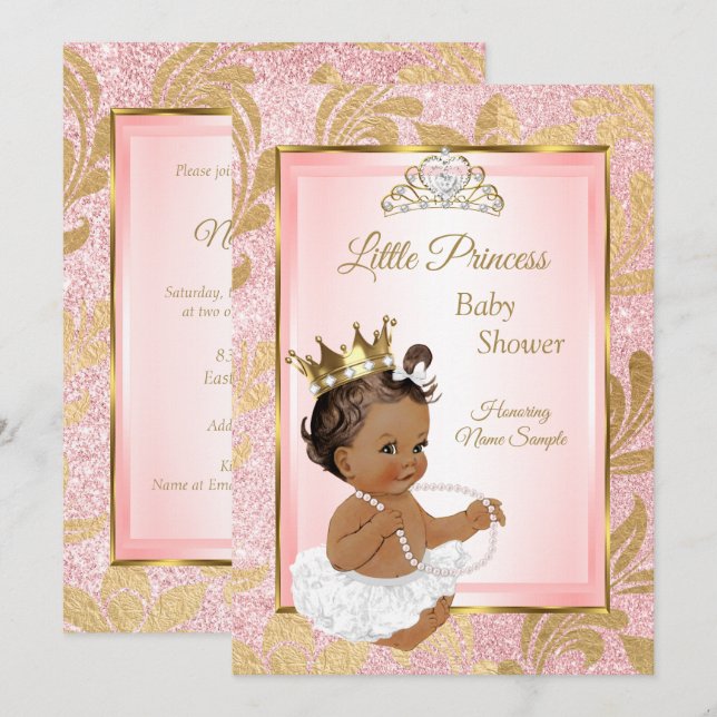 Convites Brilho Rosa Dourado Princesa Chás de Bebê Étnico (Frente/Verso)