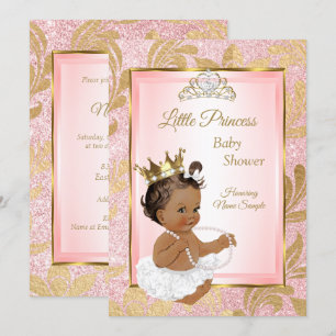 Convites Brilho Rosa Dourado Princesa Chás de Bebê Étnico