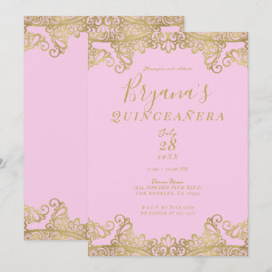 Convites Brilho Rosa e Dourado em Renda Elegante Quinceañer