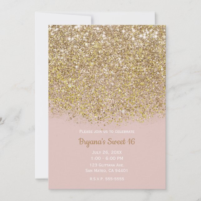 Convites Brilho Rosa e Dourado Moderno Glam Chique Festa (Frente)