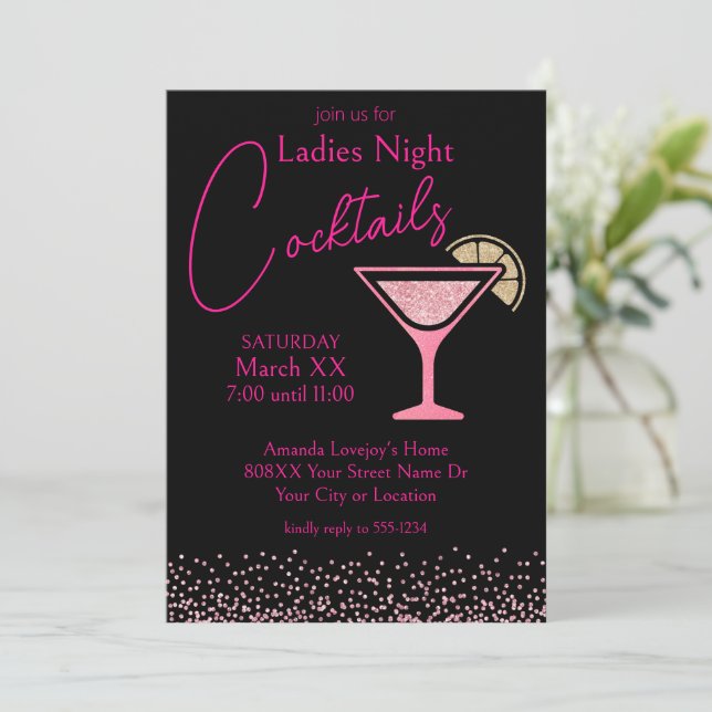 Convites Brilho Rosa em Festa de Cocktail Noturno para Senh (Em pé/Frente)