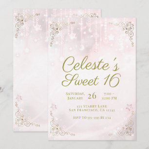 Convites Brilho Rosa & Faísca Celestial Dourada Festa Sweet