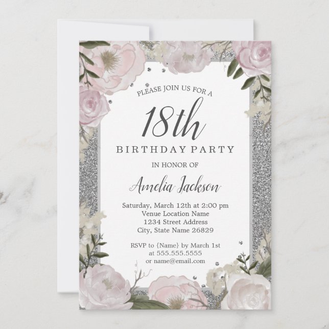 Convites Brilho Rosa Floral Prata Aniversário de 18 anos (Frente)
