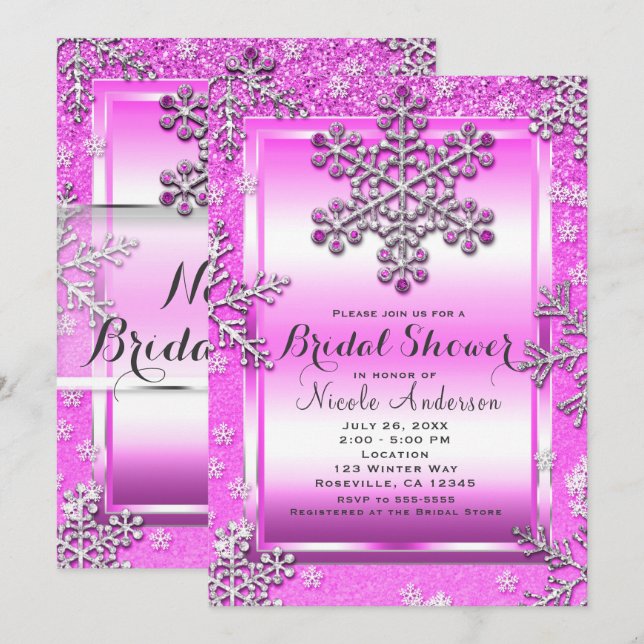Convites Brilho Rosa Glam Floresta de Inverno Flocos de Nev (Frente/Verso)