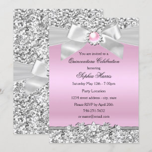 Convites Brilho Rosa Glitter Pérola Laço Quinceanera Aniver