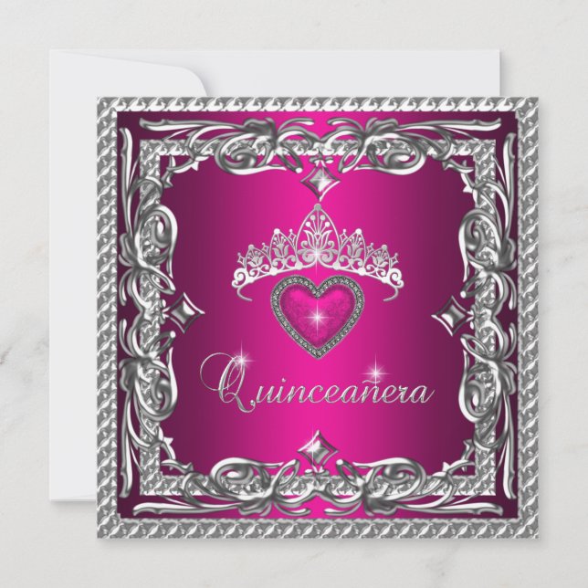 Convites Brilho Rosa Prata Tiara Quinceanera 15º (Frente)