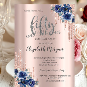 Convites Brilho Rose Gold Azul Flor Aniversário de 50 anos