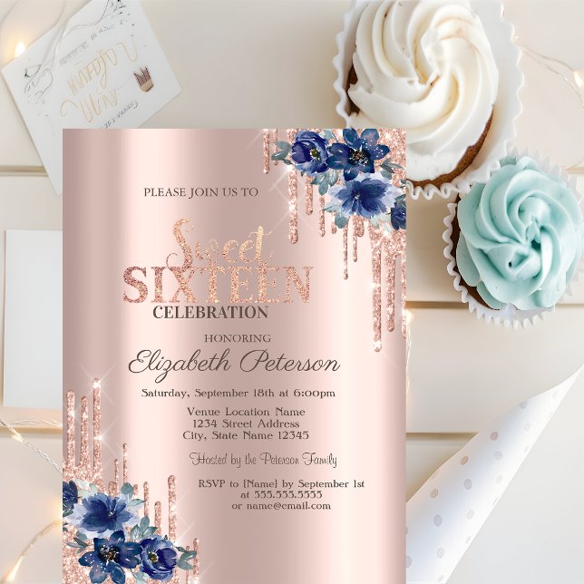 Convites  Brilho Rose Gold Flores Azuis Sweet 16  (Criador carregado)