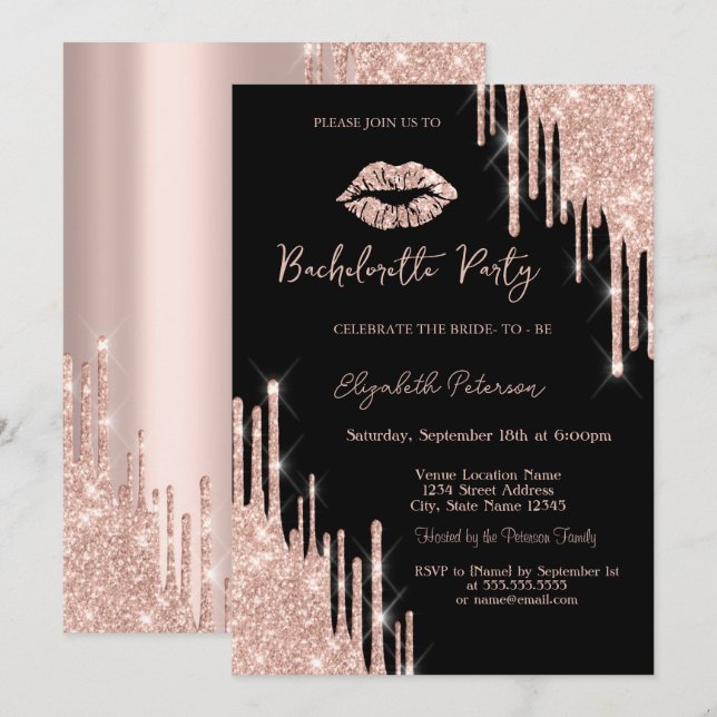 Convites Brilho Rose Gold Lábios Preto (Frente/Verso)