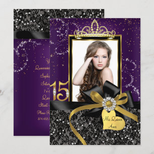 Convites Brilho Roxo Dourado Renda & Arco Foto Quinceanera