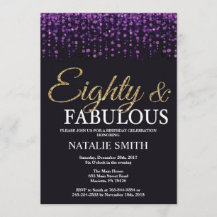 Convites brilho roxo e Dourado do aniversário do 80