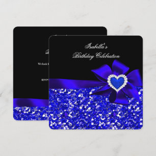 Convites Brilho Royal Azul Real Coração Laço Preto Festa
