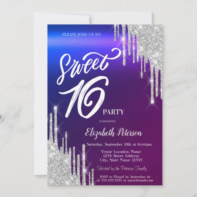 Convites Brilho Simples Prateado com Efeito Ombre Sweet 16  (Frente)