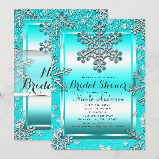 Convites Brilho Turquesa Glam Floresta de Inverno Flocos de (Frente/Verso)