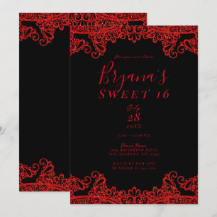 Convites Brilho Vermelho Faísca Renda Preta Festa Sweet 16
