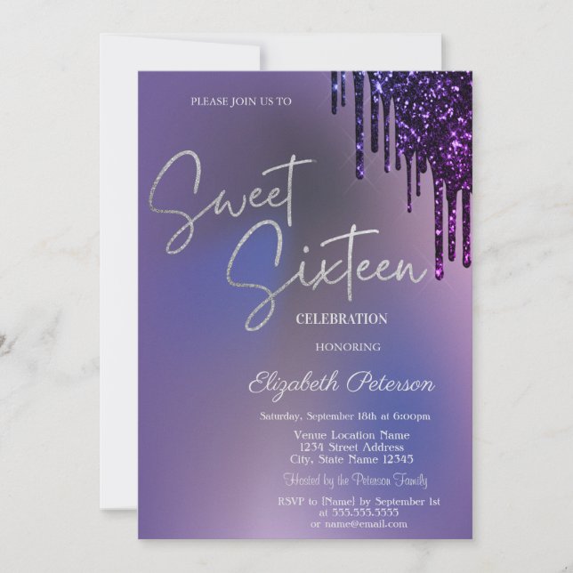 Convites Brilho Violeta Escuro Gotas Violeta Sweet 16 (Frente)